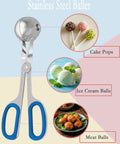 Stainless steel baller tool with images of cake pops, ice cream balls, and meatballs; part of the All In One Cake Pop Making Kit.