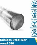 Beefy 316 Stainless Steel Round Bar 0.125 Inch Diameter 36 Inch Length Unpolished Mill Finish Annealed AMS 5648 Solid Metal Rod