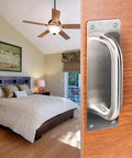 Stainless Steel 2 Pack Push Pull Door Plate Handle 8 Inch Heavy Duty Barn Door Pull with Mounting Screws Silver installed.