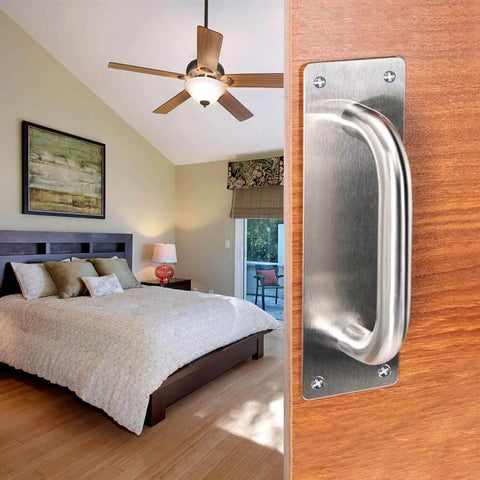 Stainless Steel 2 Pack Push Pull Door Plate Handle 8 Inch Heavy Duty Barn Door Pull with Mounting Screws Silver installed.