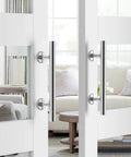 12 Inch Barn Door Handles Sliding Barn Door Pull Handle Stainless Steel Heavy Duty shown on glass doors in living room setup