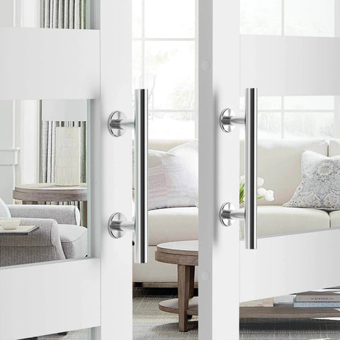12 Inch Barn Door Handles Sliding Barn Door Pull Handle Stainless Steel Heavy Duty shown on glass doors in living room setup