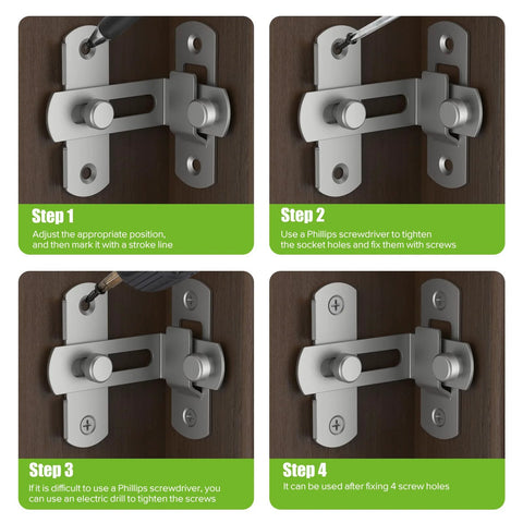 Installation steps for 90 Degree Bifold Flip Door Latch In Stainless Steel 304 for barns, bathrooms, outdoor and garages.