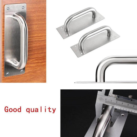 Stainless Steel 2 Pack Push Pull Door Plate Handle 8 Inch Heavy Duty Barn Door Pull With Mounting Screws Silver, shown mounted and measured