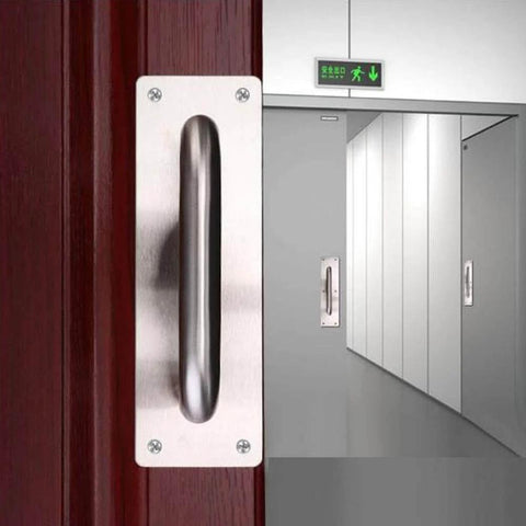 Stainless Steel 2 Pack Push Pull Door Plate Handle 8 Inch Heavy Duty Barn Door Pull With Mounting Screws Silver installed on a door