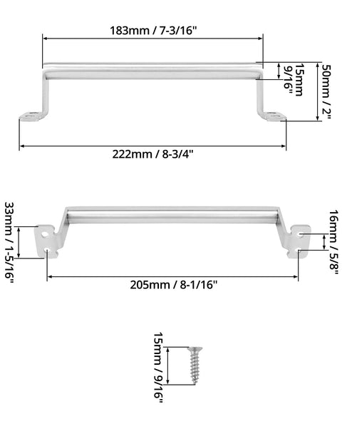 Diagram of Large Stainless Steel Barn Pull Handle Set Of 4 With Screws For Cabinets Sliding Doors Closets Keyless Entry Doors Fences Barn Doors And Gates Durable Modern Finish Easy To Install, showing dimensions in millimeters and inches.
