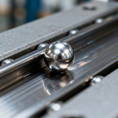 Close-up of stainless steel bearing ball on machine rail, from Stainless Steel Bearing Ball Set With 620 Pieces In 12 Sizes.