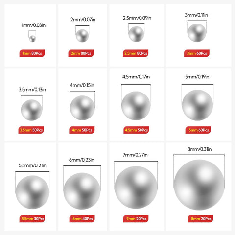 Chart showing sizes of Stainless Steel Bearing Ball Set With 620 Pieces In 12 Sizes 1mm 2mm 2.5mm 3mm 3.5mm 4mm 4.5mm 5mm 5.5mm 6mm 7mm 8mm
