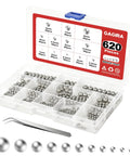 Stainless Steel Bearing Ball Set With 620 Pieces In 12 Sizes 1mm 2mm 2.5mm 3mm 3.5mm 4mm 4.5mm 5mm 5.5mm 6mm 7mm 8mm In A Clear Plastic Storage Box For Precision Machinery Repairs DIY Projects.