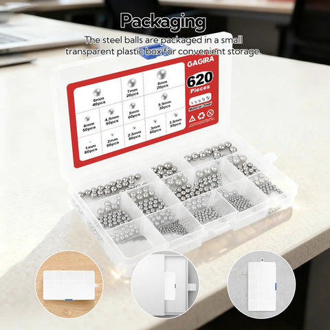 Stainless Steel Bearing Ball Set With 620 Pieces In 12 Sizes 1mm 2mm 2.5mm 3mm 3.5mm 4mm 4.5mm 5mm 5.5mm 6mm 7mm 8mm In A Clear Plastic Storage Box For Precision Machinery Repairs DIY Projects
