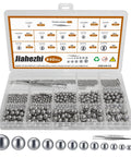 Assorted 840 Pcs Stainless Steel Bearing Balls For Bikes, Metric Precision Ball Bearings, Loose Bicycle Bearings 2 To 10 Mm, 304 Stainless Steel, Corrosion Resistant, High Quality Jiahezhi Set displayed in plastic case