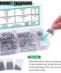 620 Pieces Stainless Steel Bicycle Bearing Balls Set in plastic box, six sizes for bike repairs, rust resistant and durable.