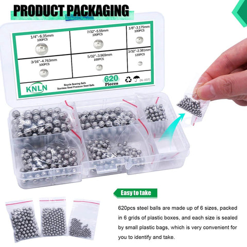 620 Pieces Stainless Steel Bicycle Bearing Balls Set in plastic box, six sizes for bike repairs, rust resistant and durable.