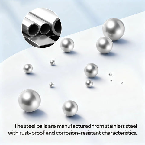 Stainless Steel Bearing Ball Set with 620 Pieces in 12 Sizes 1mm-8mm shown with stainless steel material close-up.