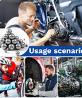 Collage showing Assorted 840 Pcs Stainless Steel Bearing Balls For Bikes in use with bikes, cars, and machinery.