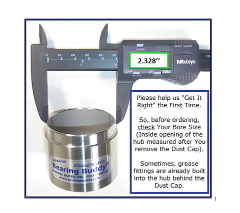 USA Made Stainless Steel Bearing Protector For 2.328 Inch Hubs With 23B Bra Bearing Buddy 2328SS next to caliper