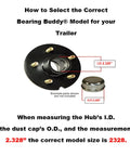 USA Made Stainless Steel Bearing Protector For 2.328 Inch Hubs With 23B Bra Bearing Buddy 2328SS with measurement guide