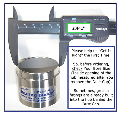 USA Made Stainless Steel Bearing Protector With 23B Bra For 2.441 Inch Hubs, showing measuring tool at 2.441 inches