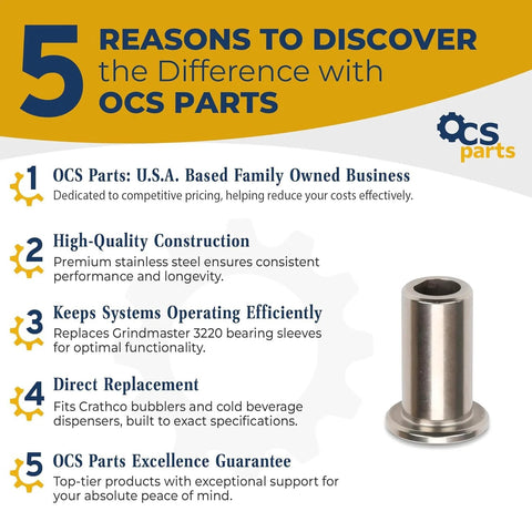 OCS Parts infographic highlighting Premium Industrial Grade Stainless Steel Bearing Sleeve Replacement Pack Of 6 benefits
