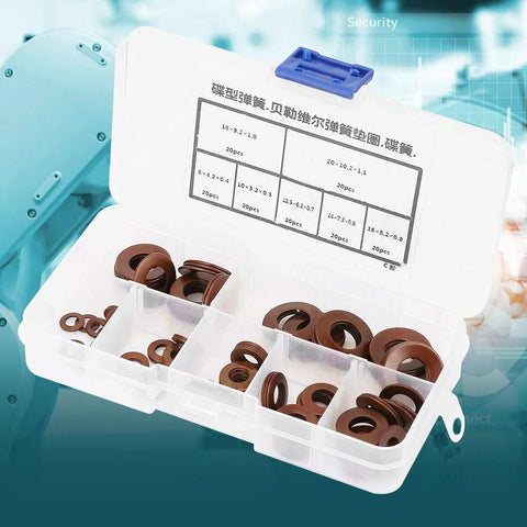 Assorted stainless steel Belleville disc springs for heavy loads and shock absorption in a storage case