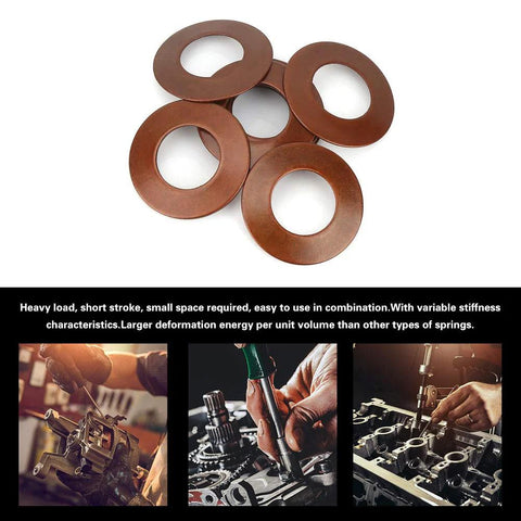 Stainless Steel Belleville Disc Springs for Heavy Loads and Shock Absorption, set of 5 springs displayed on a white background.