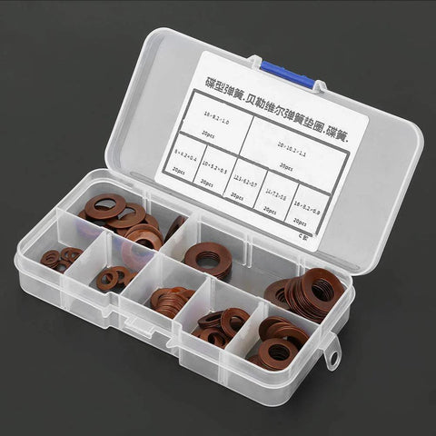 Assorted Stainless Steel Belleville Disc Springs for Heavy Loads and Shock Absorption in a plastic storage box