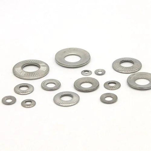 Assorted Belleville Washer M6 Stainless Steel Disc Spring Pack Of 50 on white background, including various sizes and textures.