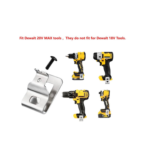 Durable 304 stainless steel belt clips for 20V MAX drills and drivers, 4-pack with screws, shown alongside compatible tools.