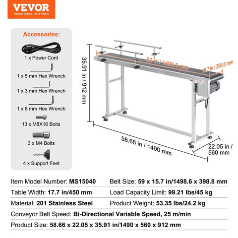 Industrial Grade Stainless Steel Motorized Belt Conveyor For Inkjet Coding Applications With PVC Anti Static Belt 59 By 15.7 Inch Conveyor Table Heavy Duty Double Guardrail Adjustable Speed with dimensions and accessories layout