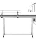 Industrial Grade Stainless Steel Motorized Belt Conveyor For Inkjet Coding Applications With PVC Anti Static Belt 59 By 15.7 Inch Conveyor Table Heavy Duty Double Guardrail Adjustable Speed front view with tools