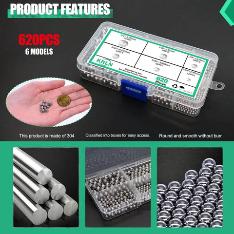 620 Pieces Stainless Steel Bicycle Bearing Balls Set, six sizes in plastic box, rust resistant, ideal for bike maintenance and repairs.