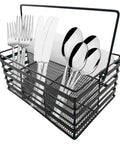 Stainless Steel Utensil Basket,Dishwasher , Flatware Basket, Kitchen, Countertop, Office, Camping, Outdoors, and Restaurants, 4-Compartment, Black with utensils.