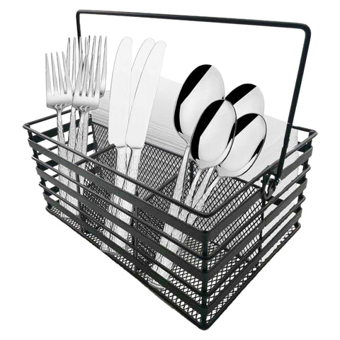Stainless Steel Utensil Basket,Dishwasher , Flatware Basket, Kitchen, Countertop, Office, Camping, Outdoors, and Restaurants, 4-Compartment, Black with utensils.