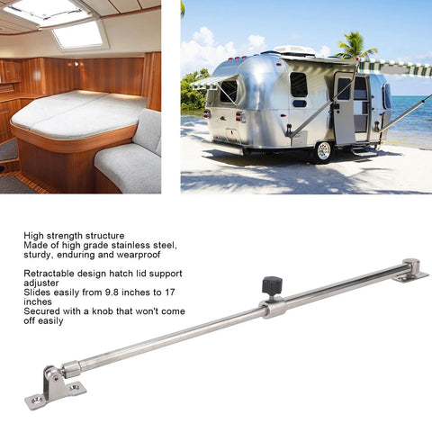 Side view of AOWINHIT stainless steel boat hatch lid stay rod, adjustable 248–432 mm with mounting brackets.