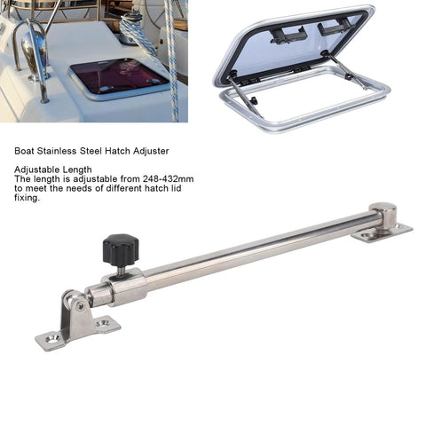 Side view of stainless steel boat hatch adjuster, 248–432mm, mirror-polished with sliding lock