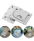 Front view of stainless steel boat hatch flush handle with U-shaped lift ring and screws, two mounting plates