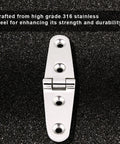 Front view of mirror-polished 316 stainless steel boat hatch hinge with screw holes