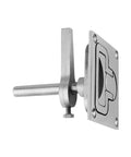 Side view of stainless steel boat floor lock hatch latch with lift handle, marine-grade 316 deck hardware