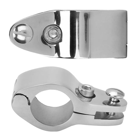 Two stainless steel hinged upper jaw slide fittings for yacht rail installation, 30mm, 316 marine grade