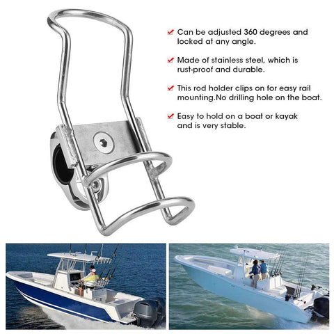 Close-up of stainless steel fishing rod holder, 360° adjustable with locking clamp for 32mm rails