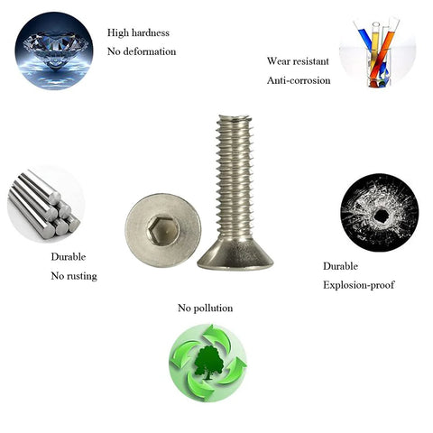 High-hardness silver bolt from Engine Dress Up Kit With CNC Billet Aluminum Washers Bolts Rivet Nuts Red, surrounded by durability icons.