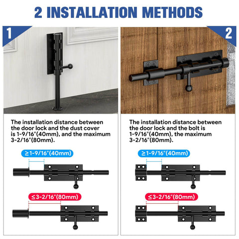 Rugged 7.7 inch sliding bolt latch in 304 stainless steel displayed showing two installation methods on different surfaces.
