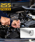 Mechanic using wrench with Homwin 255Pcs Stainless Steel Bolts and Nuts Kit, 1/4-20, 5/16-18, 3/8-16 Hex Bolt Set tool in foreground