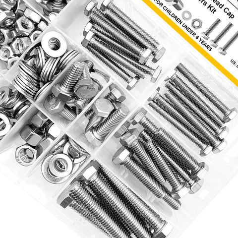 254 Piece 304 Stainless Steel Nuts and Bolts Kit With Flat Spring Washers Ten Common Sizes Fully Threaded in storage container
