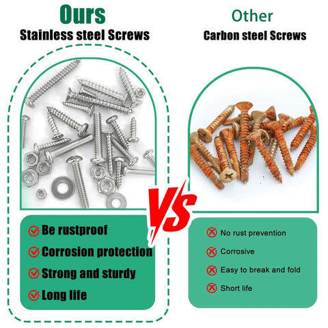 Comparison between stainless steel screws from Twidec/2002PCS 304 Stainless Steel Hardware Assortment Kit and rusted carbon steel screws.