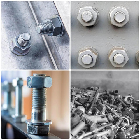 Collage of M3x6mmx0.5mm Stainless Steel Round Flat Washers installed on bolts in various mechanical settings