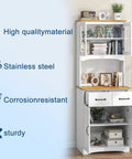 White and natural wood storage cabinet with glass doors, open shelves, and two drawers