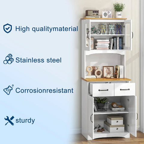 White and natural wood storage cabinet with glass doors, open shelves, and two drawers