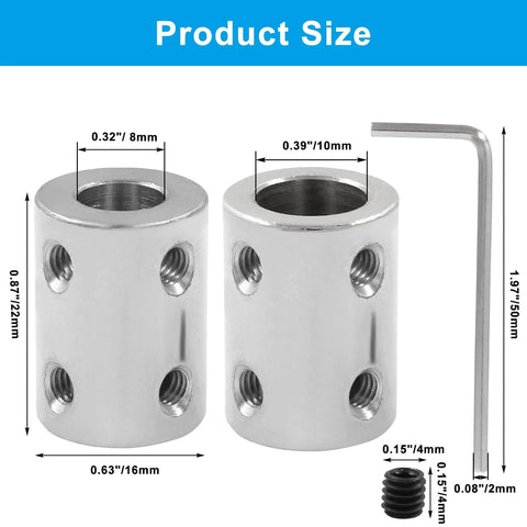 2 Pcs Bore Rigid Coupling Set 8mm to 10mm Shaft Coupler Connector Stainless Steel Coupling for 3D Printers Motor Accessories with dimensions.