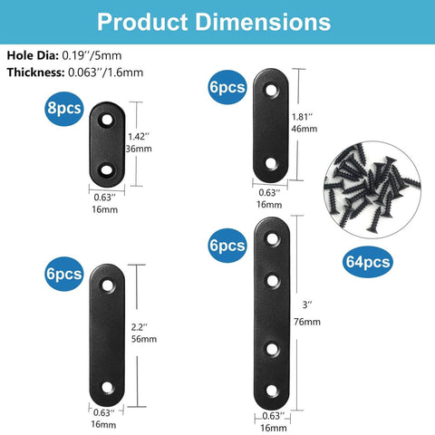 ✝️ 26 Sets Flat Plate Straight Bracket Flat Brace Bracket Stainless Steel, 36mm/46mm/56mm/76mm Wood Brackets with screws